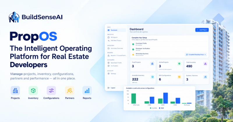 PropOS real estate developer dashboard showing projects, inventory, configurations and brokers
