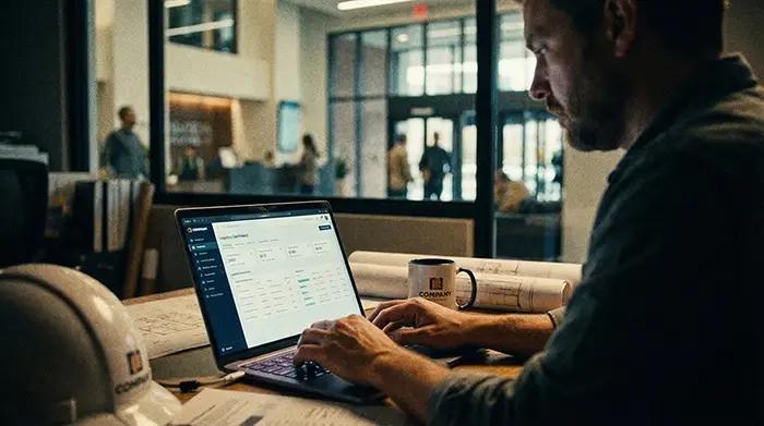 A professional working at a laptop in an office