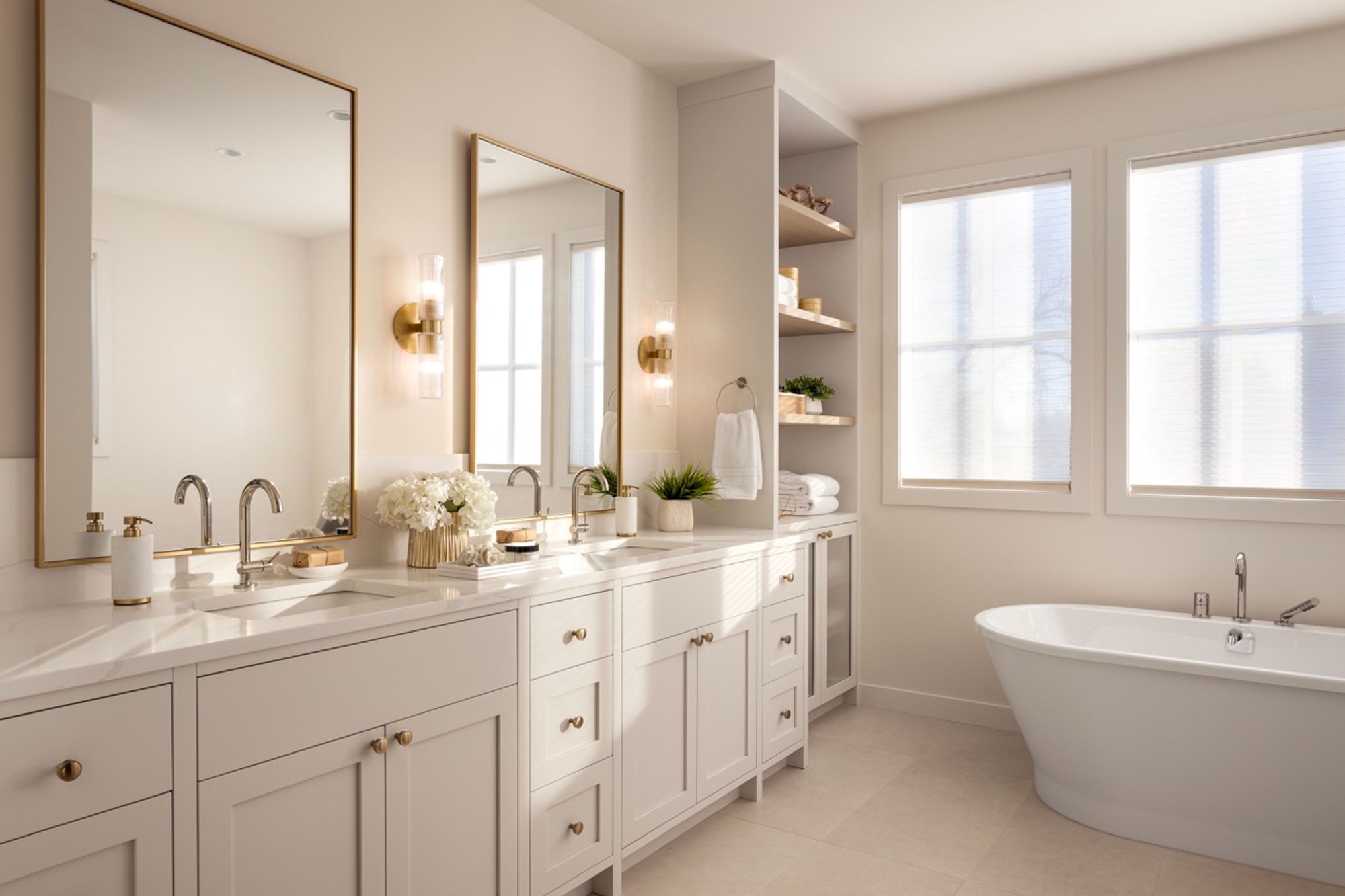 Ensuite with double vanity and freestanding tub in the Riverdale home