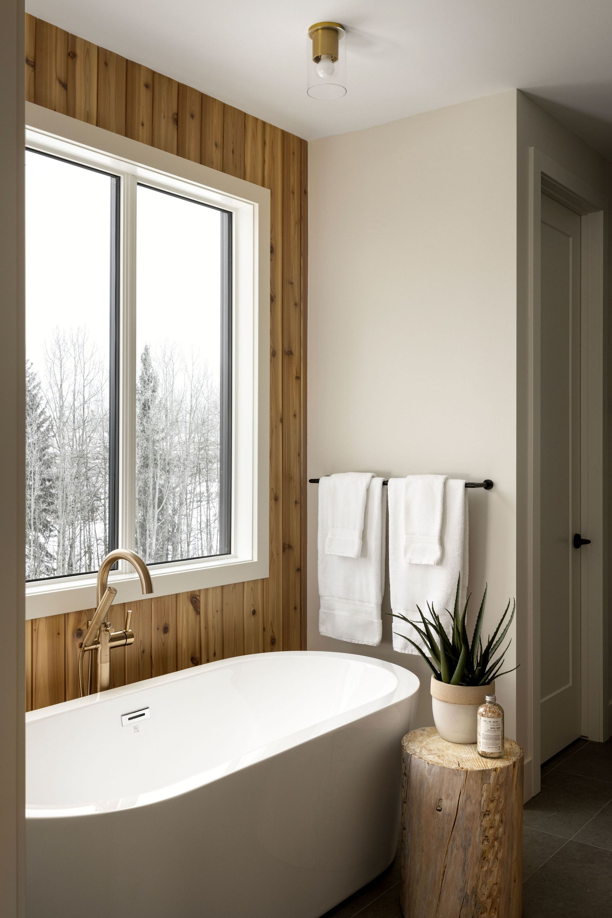 Bathroom with a freestanding tub by a window in the Priddis home