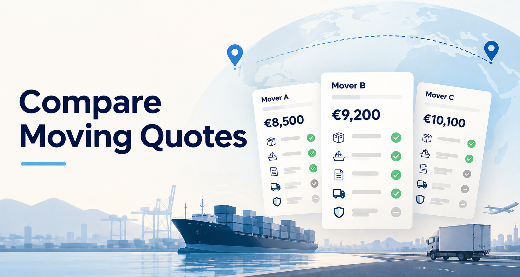 MYEXPATGO graphic showing three international moving quotes side by side, with different prices and service inclusions, against a global shipping route with a container ship and delivery truck.