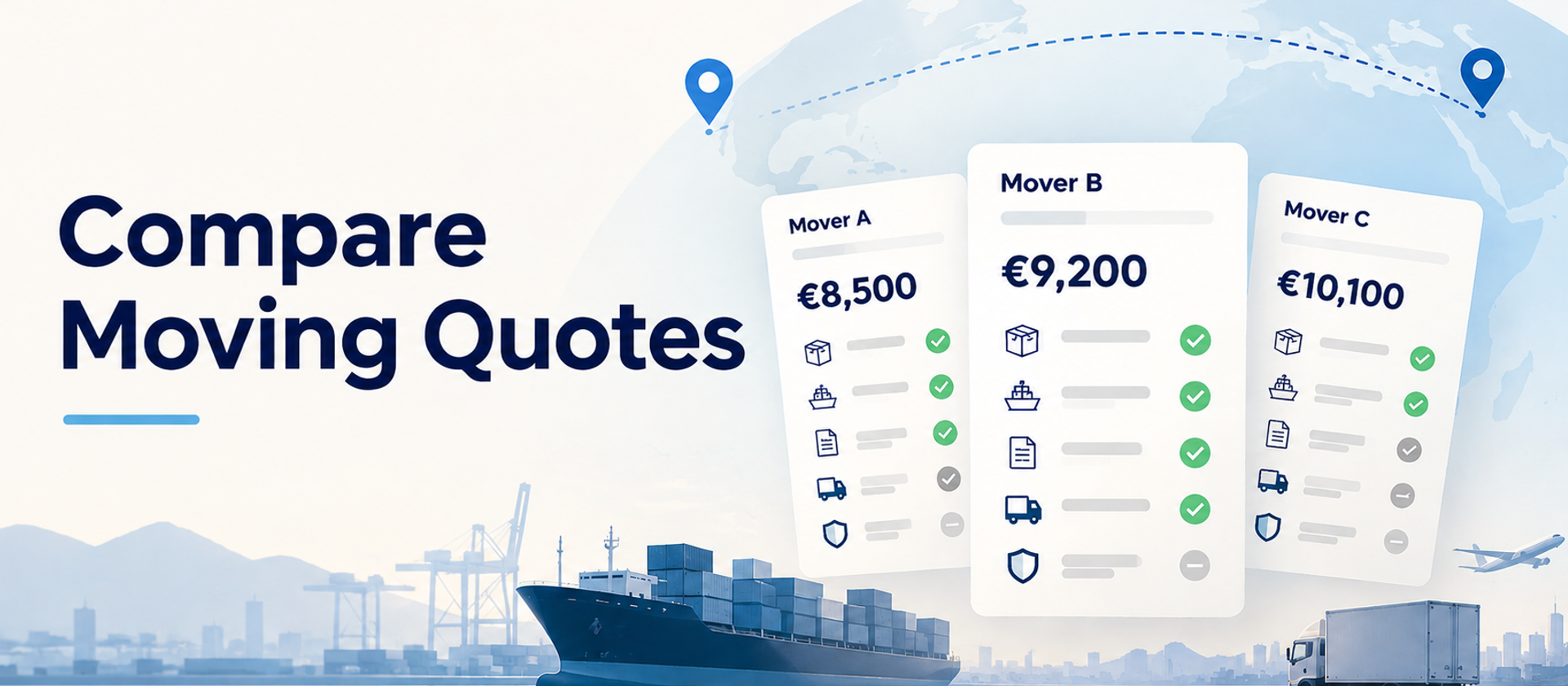 MYEXPATGO graphic showing three international moving quotes side by side, with different prices and service inclusions, against a global shipping route with a container ship and delivery truck.