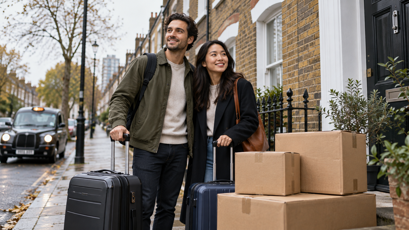 New arrivals with luggage preparing to relocate to the UK