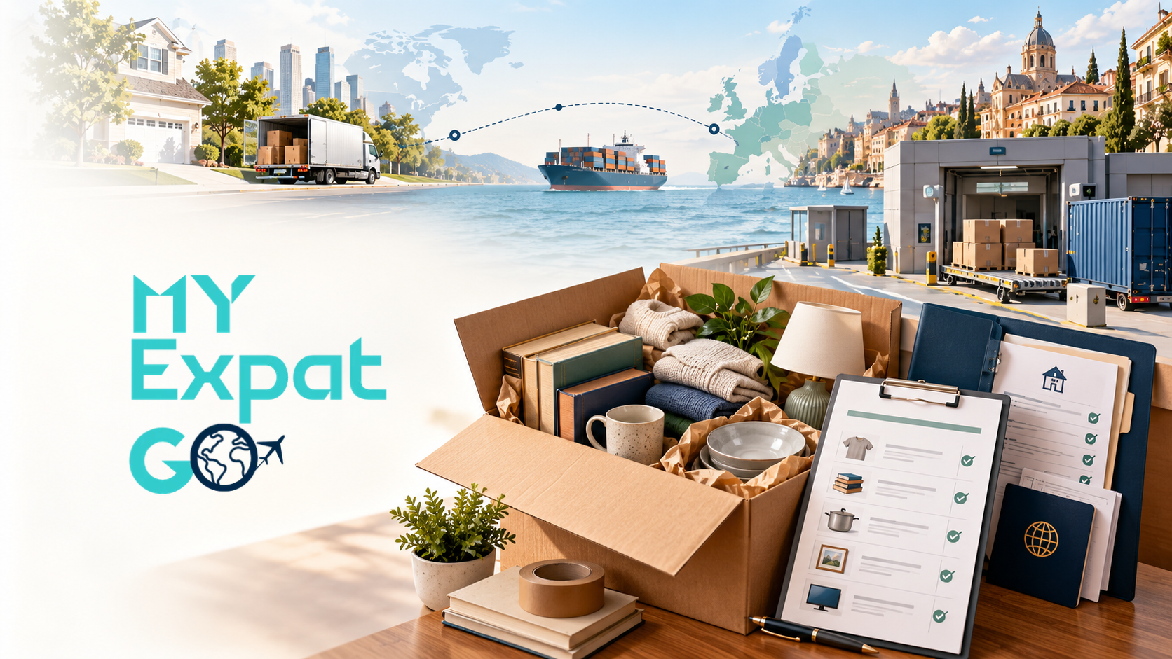 Editorial illustration of a USA-to-Europe household move, showing an open box of books, folded clothing, kitchenware and a lamp beside organized customs documents, an inventory checklist and passport. A visual route in the background connects a U.S. home and moving truck with a container ship, European city and customs inspection point.