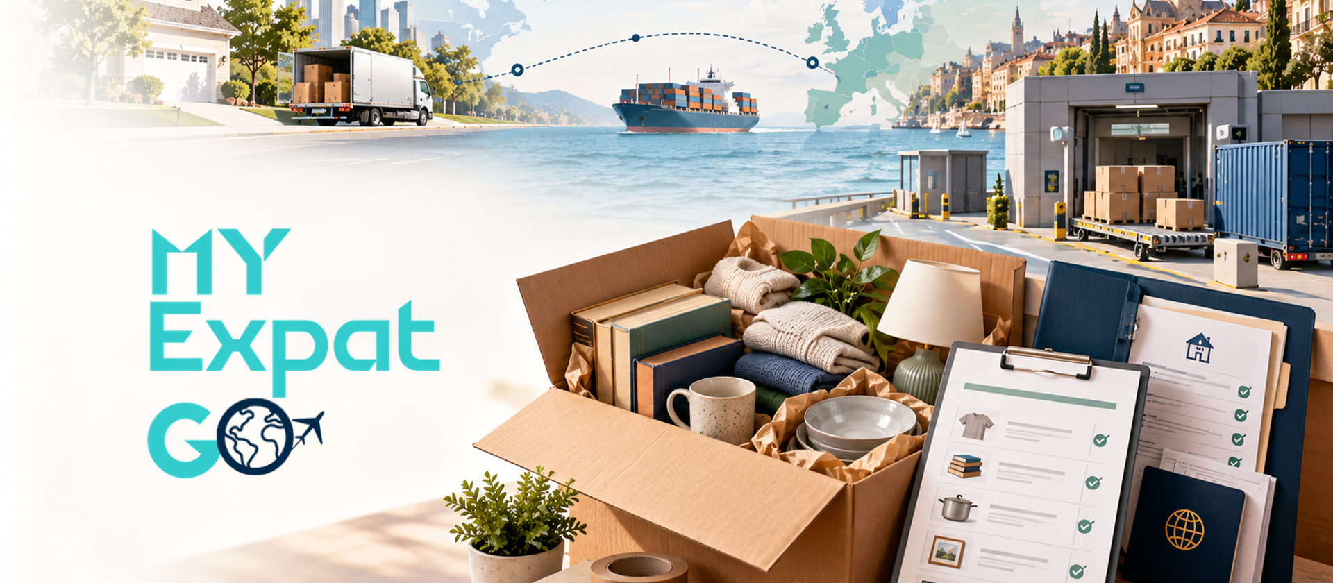 Editorial illustration of a USA-to-Europe household move, showing an open box of books, folded clothing, kitchenware and a lamp beside organized customs documents, an inventory checklist and passport. A visual route in the background connects a U.S. home and moving truck with a container ship, European city and customs inspection point.