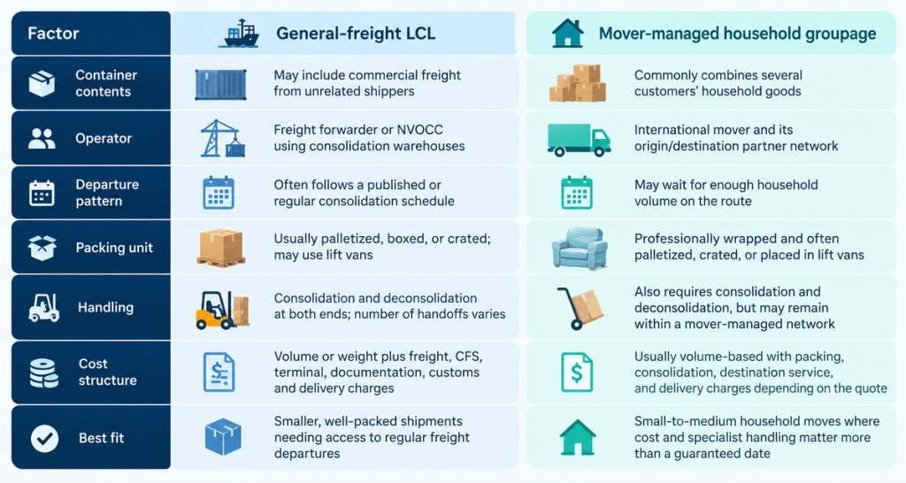 Infographic comparing general-freight LCL with mover-managed household groupage across container contents, operator, departure patterns, packing, handling, cost structure, and best fit for international household moves.