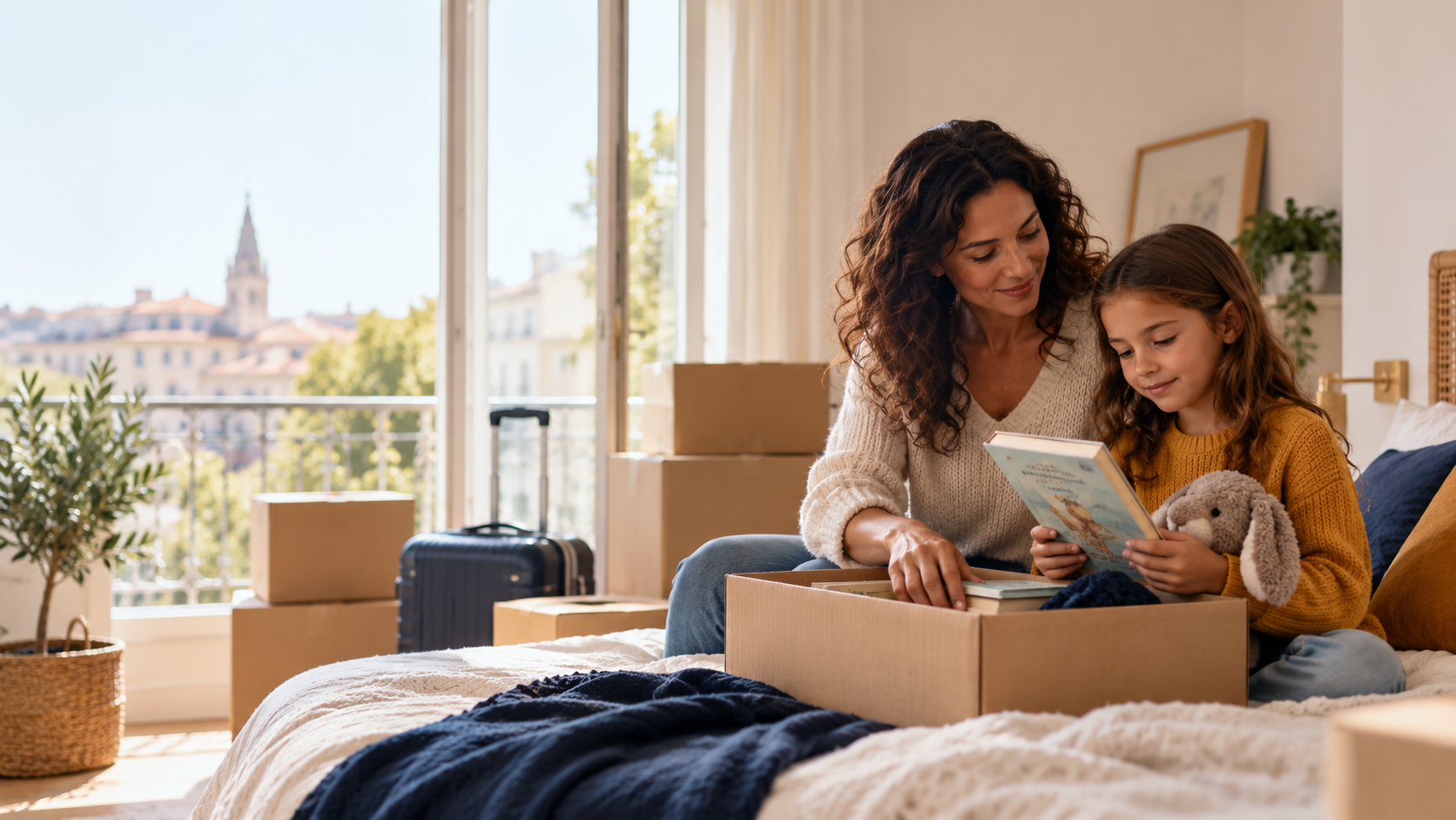 A parent and school-age child unpack a familiar book and stuffed animal from moving boxes in a bright new apartment bedroom, with a suitcase and additional boxes visible in the background.