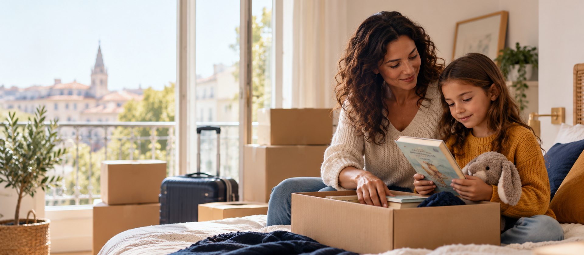 A parent and school-age child unpack a familiar book and stuffed animal from moving boxes in a bright new apartment bedroom, with a suitcase and additional boxes visible in the background.