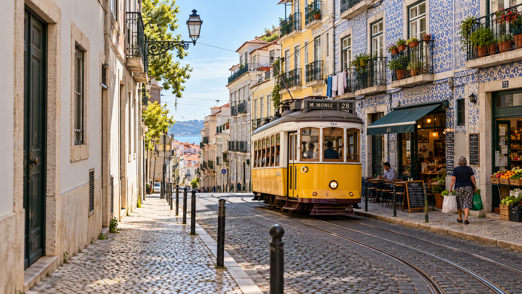 Residential street in Lisbon with tiled buildings and a yellow tram