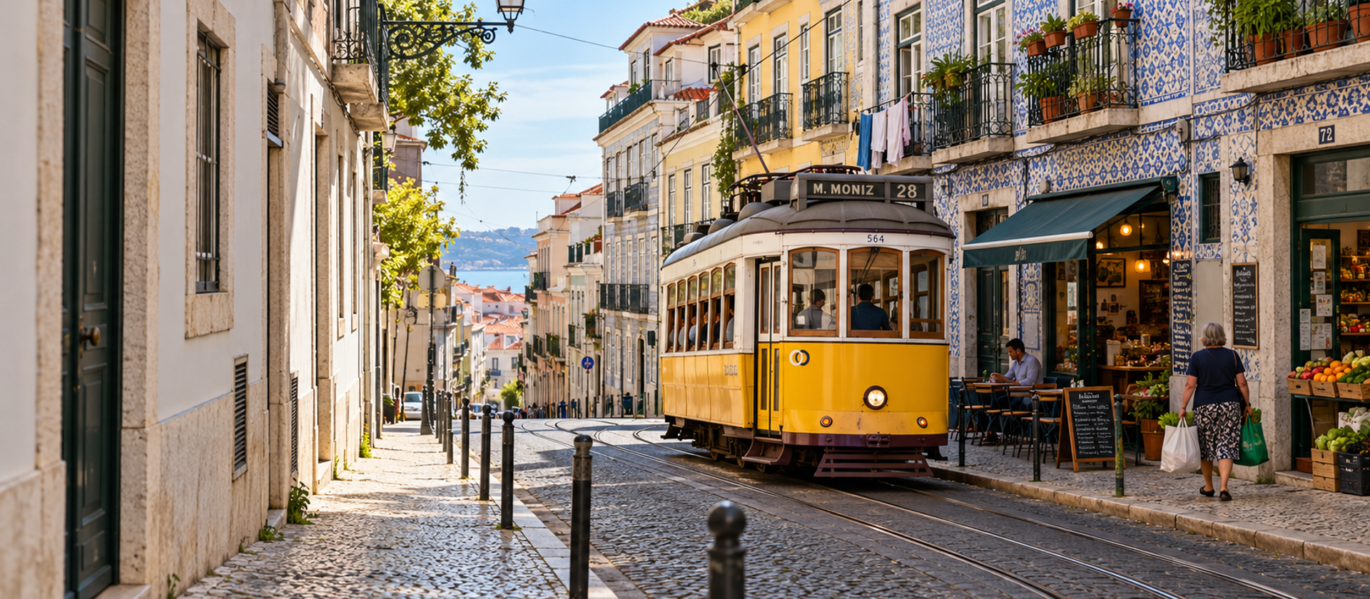Residential street in Lisbon with tiled buildings and a yellow tram