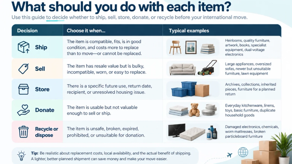 MYEXPATGO infographic showing five options for household items before an international move: ship, sell, store, donate, or recycle/dispose. Each option includes criteria for choosing it and typical examples such as heirlooms, furniture, appliances, archives, toys, and damaged goods.