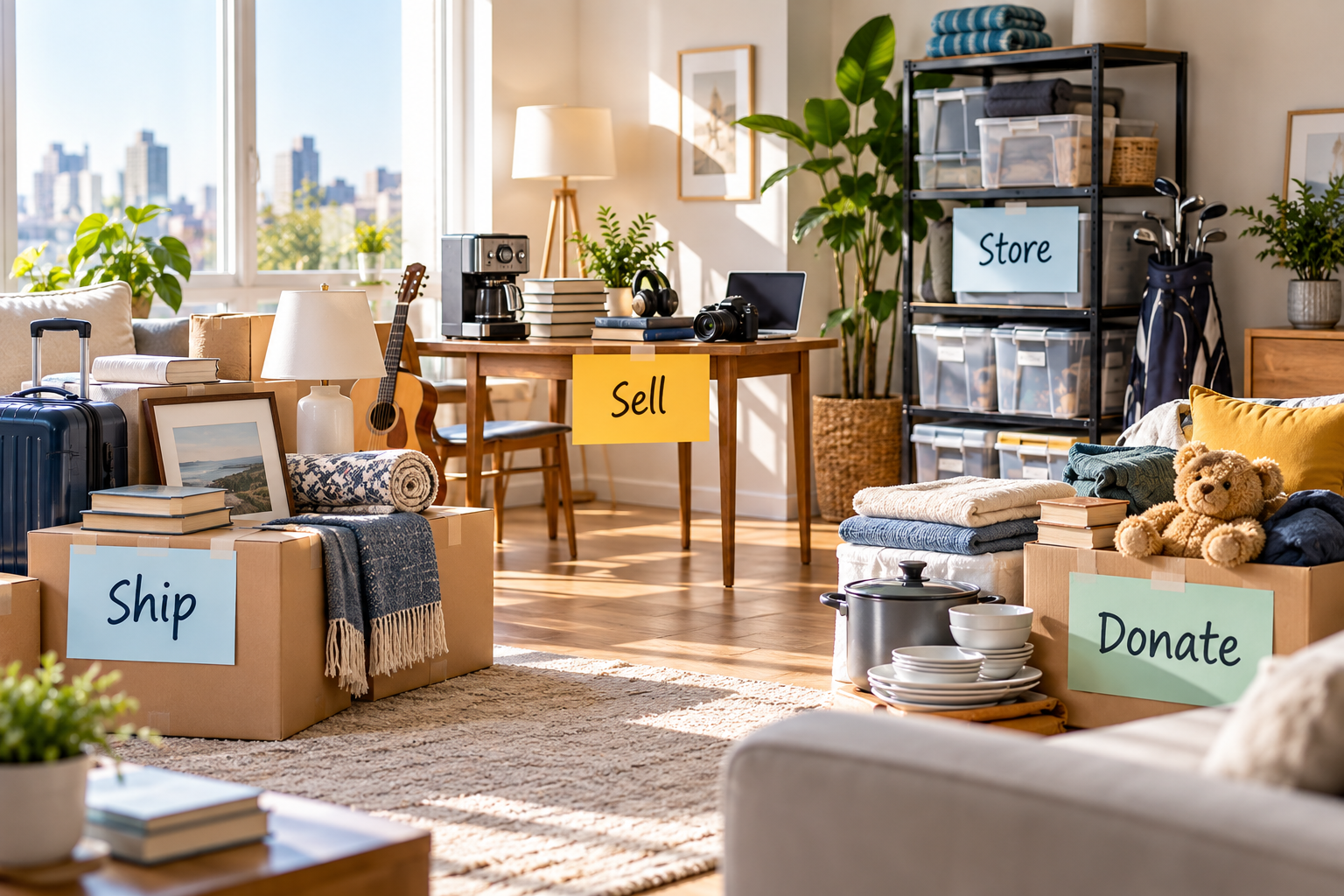 Bright, realistic living room arranged into four clearly labeled zones for an international move: Ship, Sell, Store, and Donate, with boxes, furniture, books, electronics, clothing, kitchenware, and personal belongings grouped by destination.