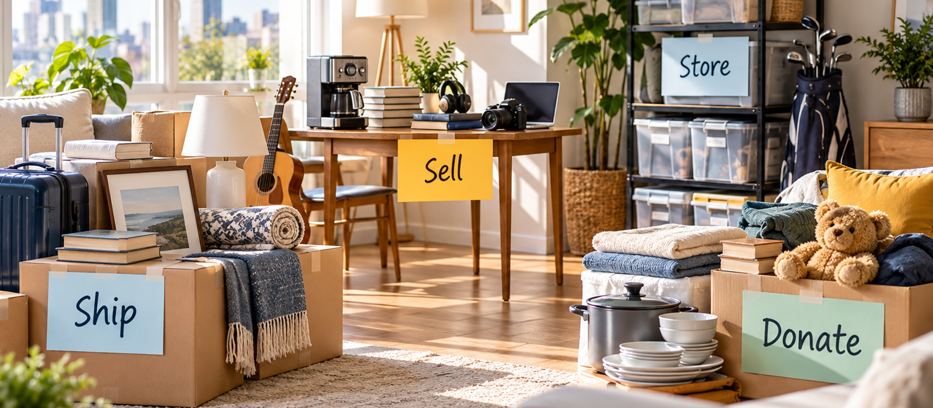 Bright, realistic living room arranged into four clearly labeled zones for an international move: Ship, Sell, Store, and Donate, with boxes, furniture, books, electronics, clothing, kitchenware, and personal belongings grouped by destination.