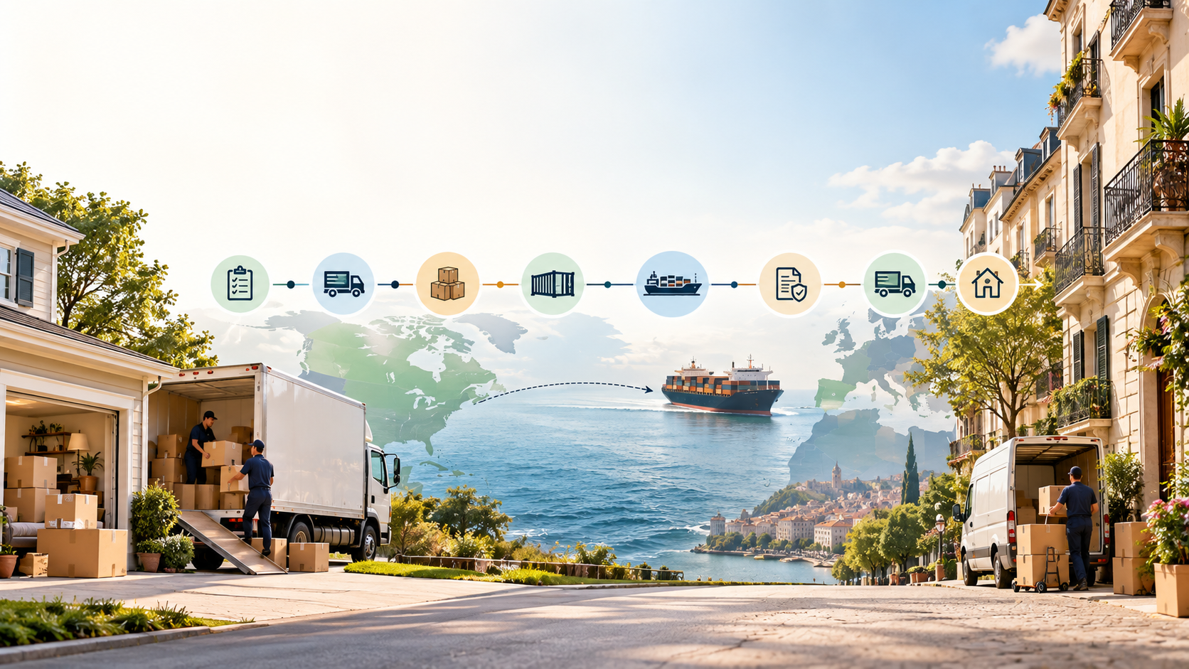 Editorial illustration showing an international move from an American home to a European apartment street, connected by a horizontal timeline across the Atlantic with icons representing planning, packing, local transport, container shipping, ocean transit, customs documentation, final delivery, and arrival.