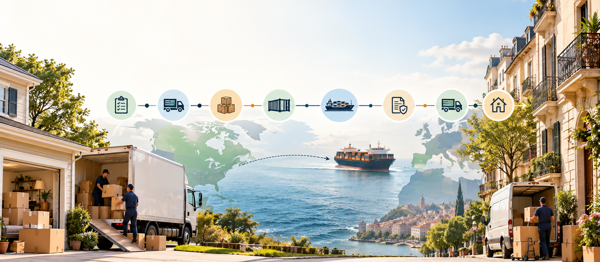 Editorial illustration showing an international move from an American home to a European apartment street, connected by a horizontal timeline across the Atlantic with icons representing planning, packing, local transport, container shipping, ocean transit, customs documentation, final delivery, and arrival.