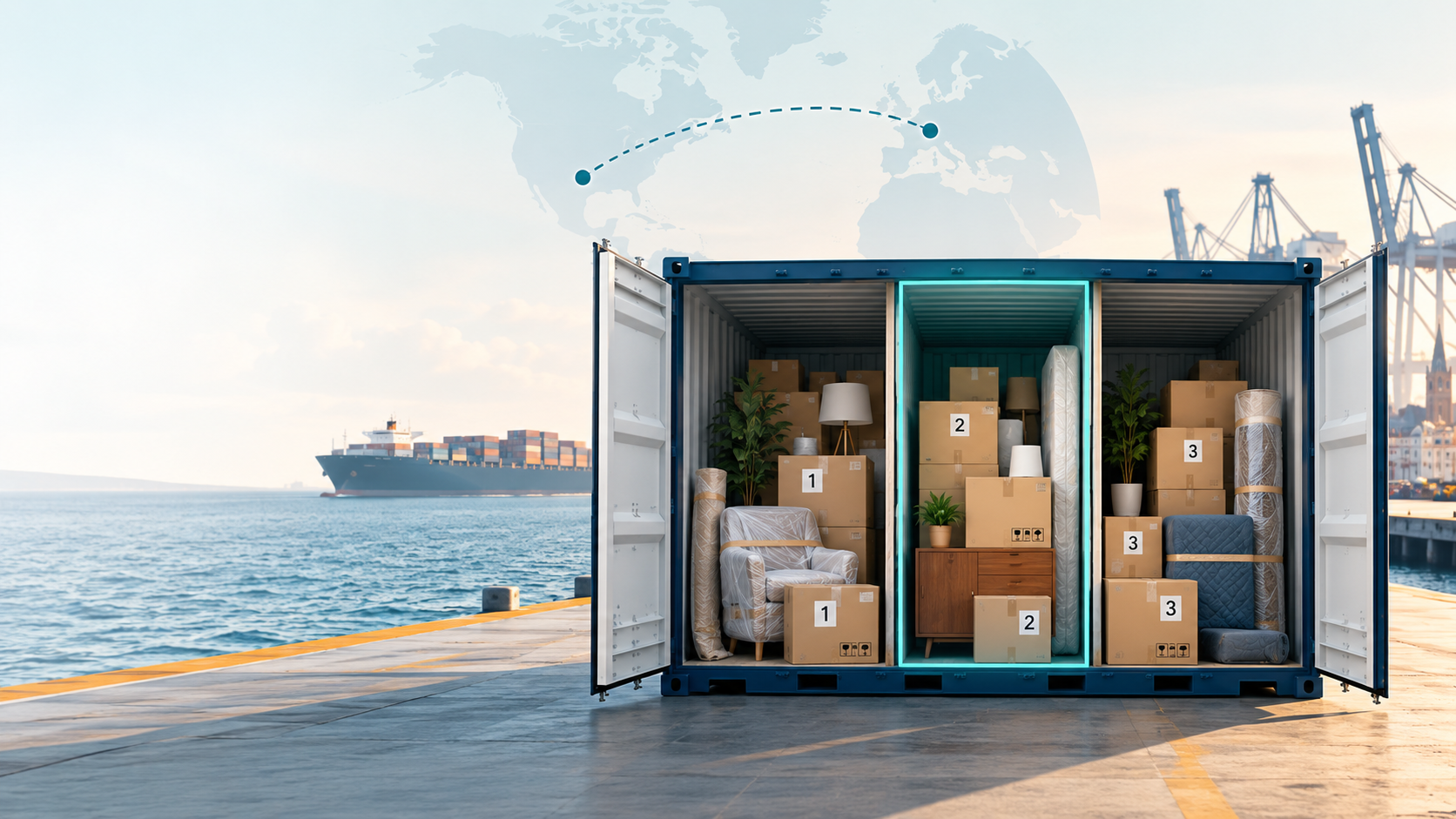 Open shipping container holding three separate household shipments, with boxes and wrapped furniture, while an Atlantic route connects the United States to Europe in the background.