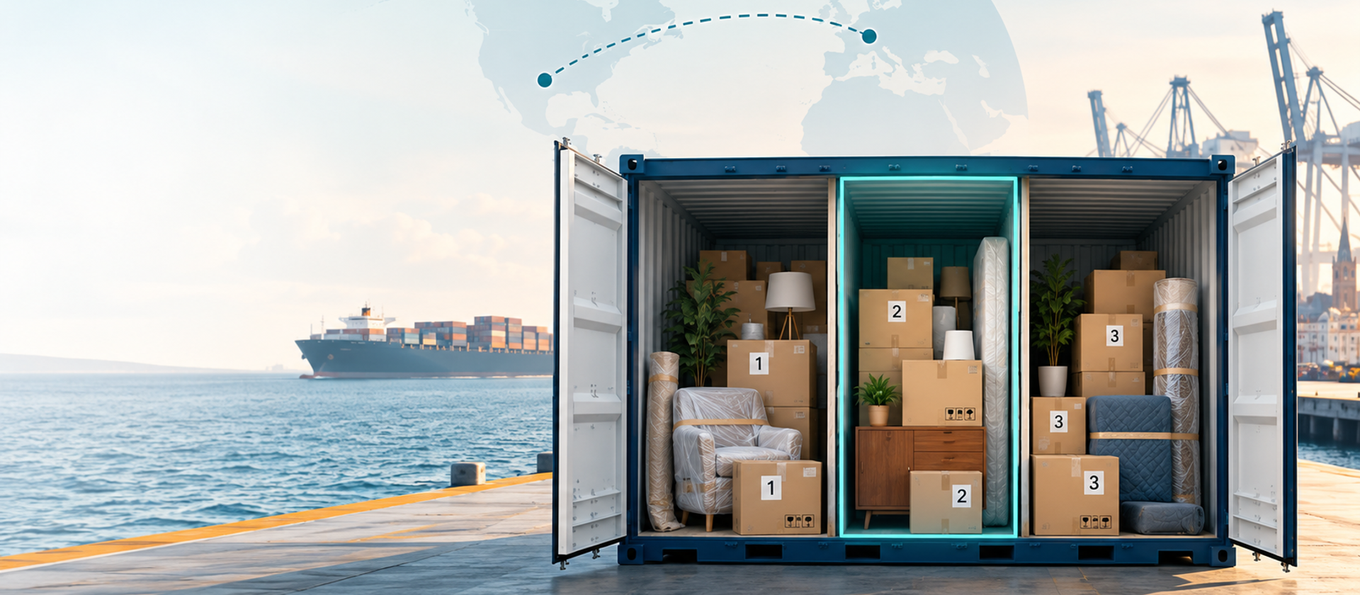 Open shipping container holding three separate household shipments, with boxes and wrapped furniture, while an Atlantic route connects the United States to Europe in the background.
