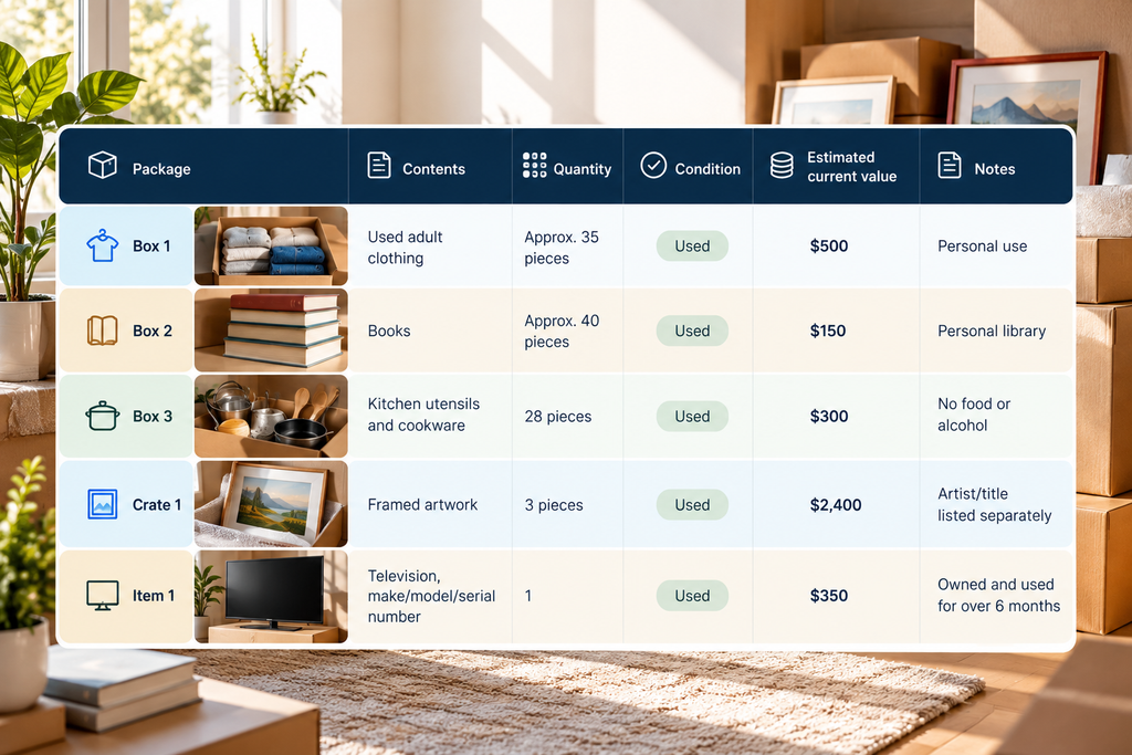 MYEXPATGO-style inventory infographic showing five household entries with package type, contents, quantity, condition, estimated current value, and notes, including clothing, books, kitchenware, framed artwork, and a television.