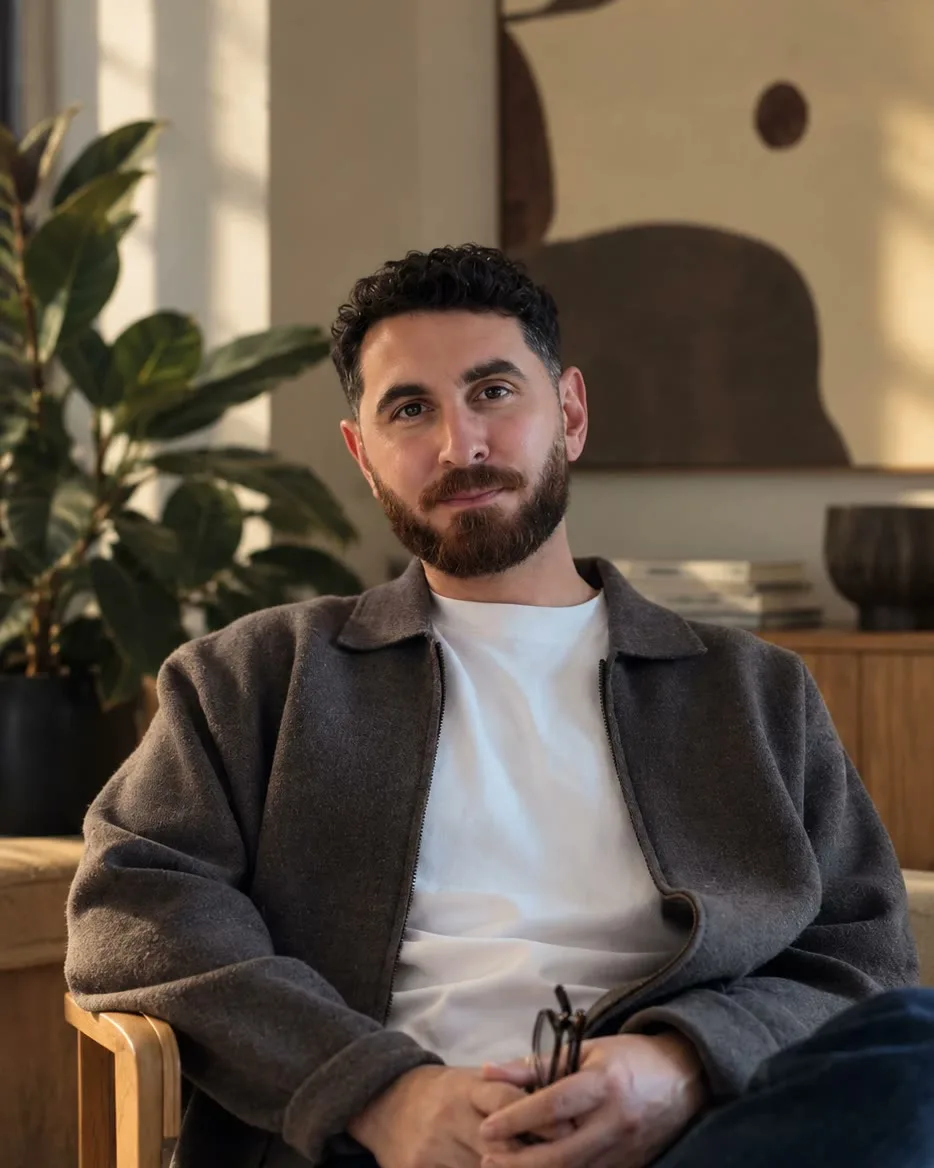Samir Hanna, grundare av Nyton, sitter i en fåtölj i ett solbelyst rum