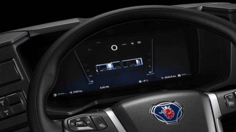 Interior view of a Scania truck showing the Smart Dash.