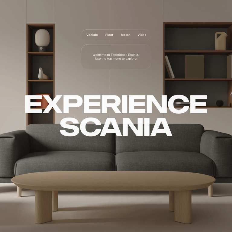 Scania app interface for Apple Vision Pro showing a modern living room.