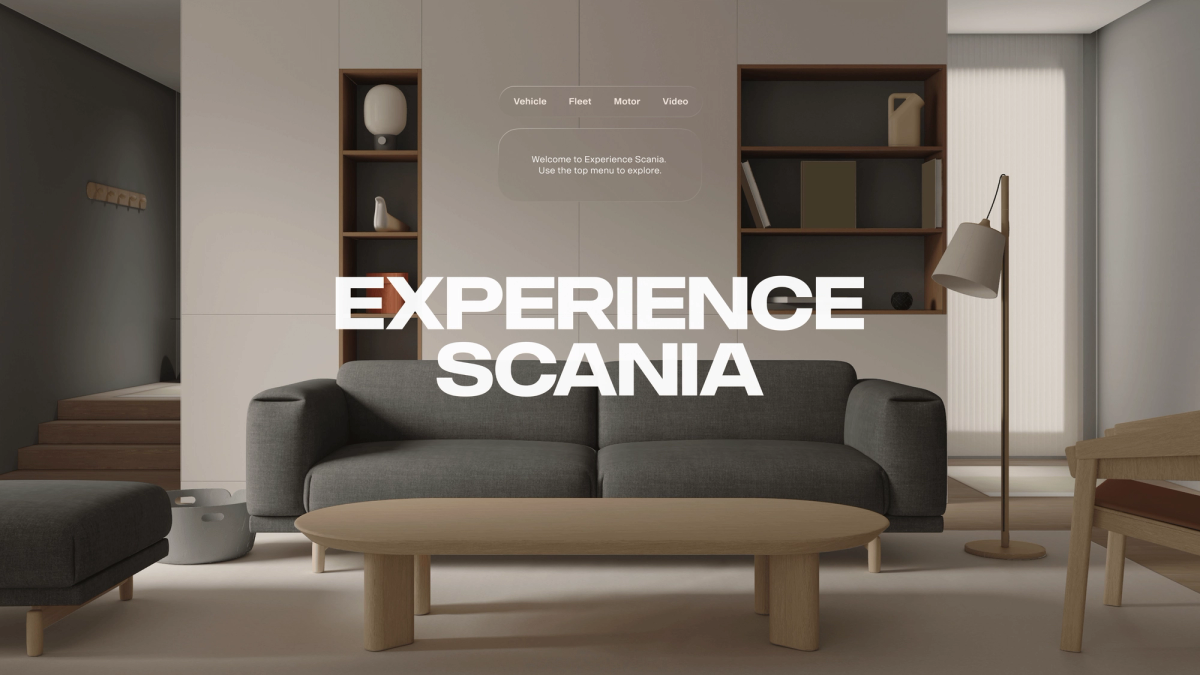 Scania app interface for Apple Vision Pro showing a modern living room.