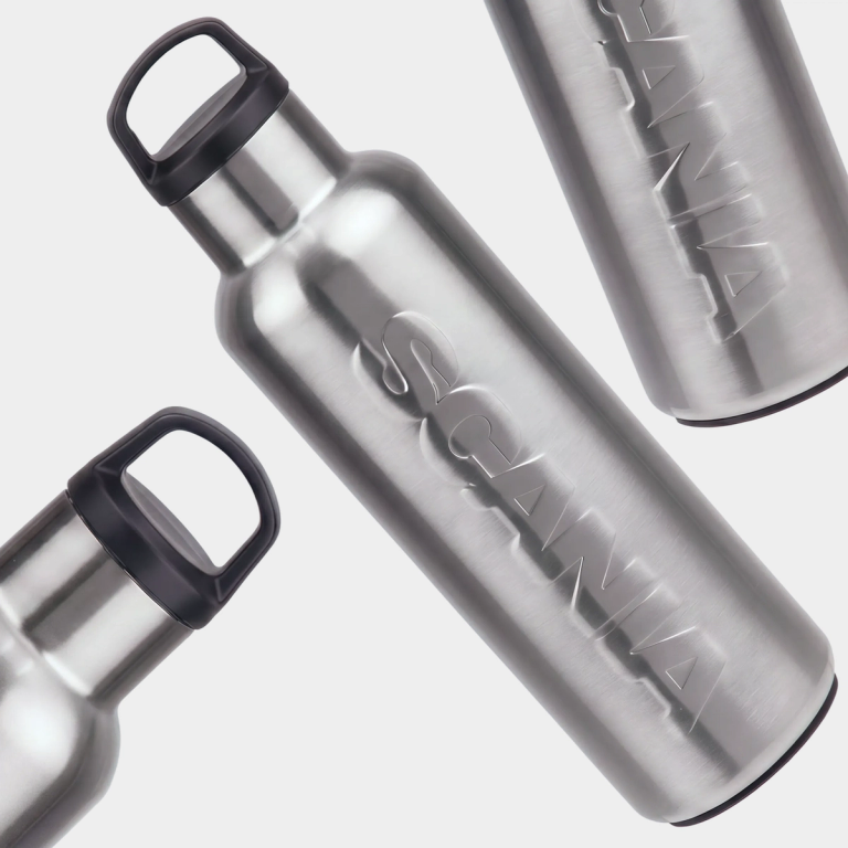 Group of aluminum bottles with Scania logotype.