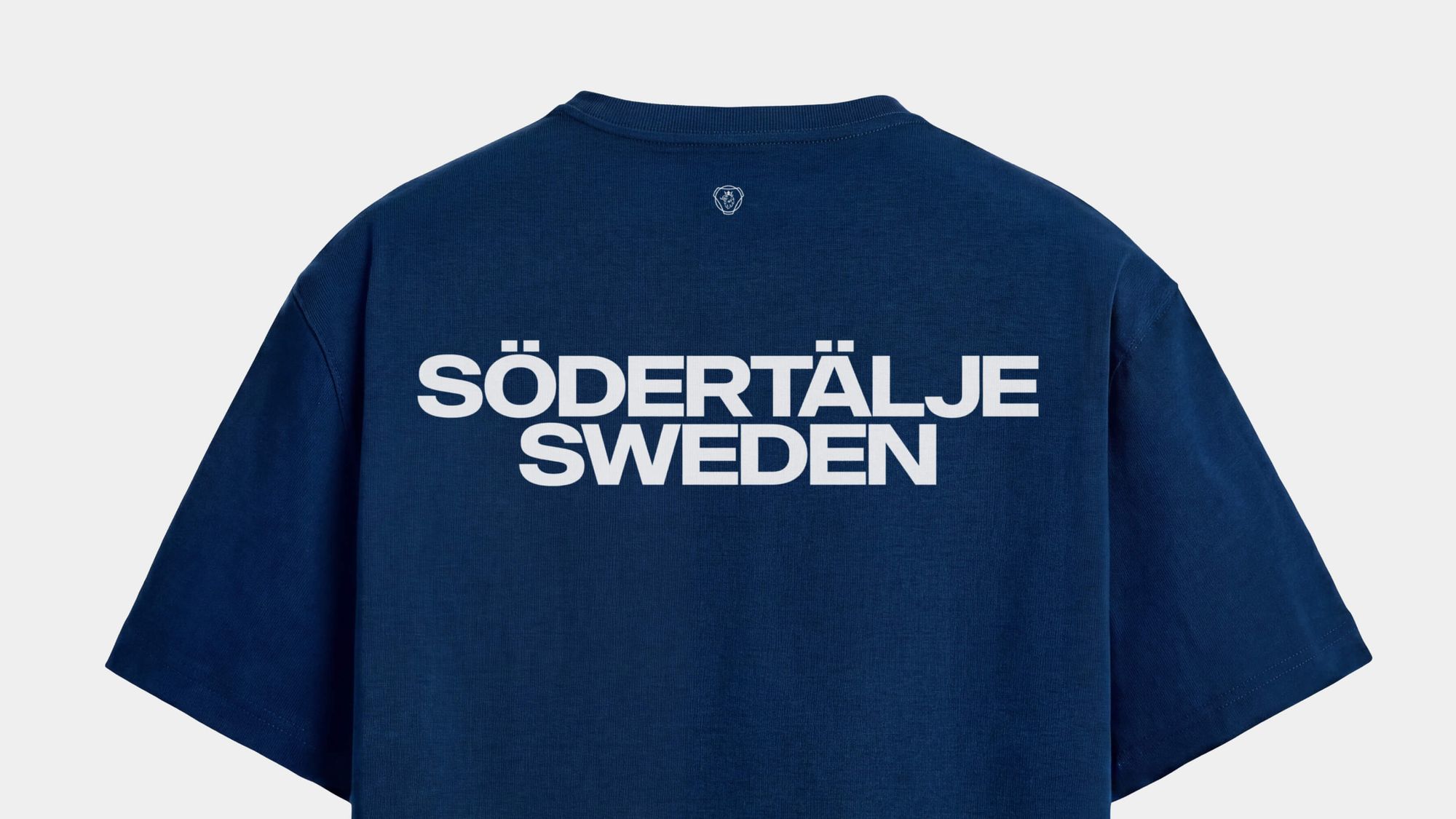 Blue t-shirt with the words "Södertälje, Sweden" in white