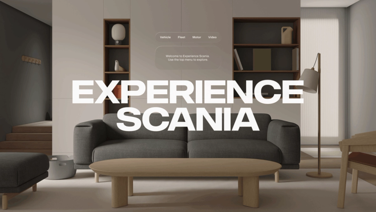Scania app interface for Apple Vision Pro showing a modern living room.