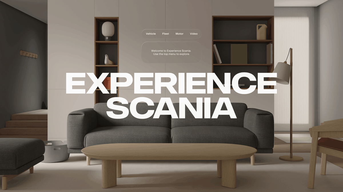 Scania app interface for Apple Vision Pro showing a modern living room.