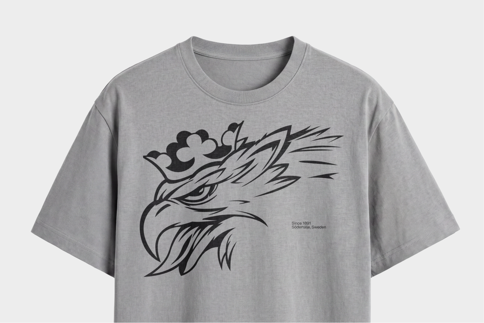 Grey t-shirt with black stylized griffin design.