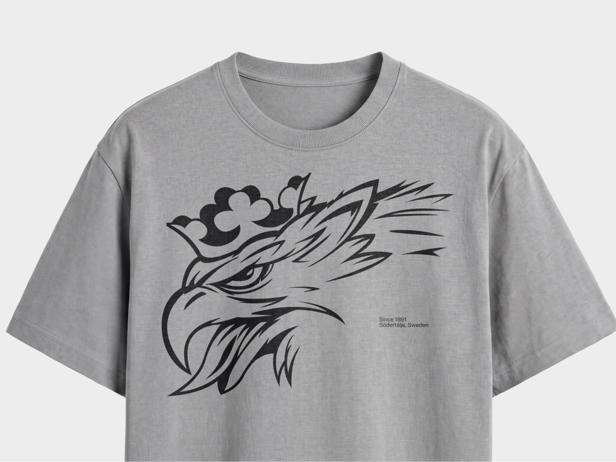 Grey t-shirt with black stylized griffin design.
