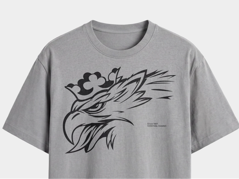 Grey t-shirt with black stylized griffin design.