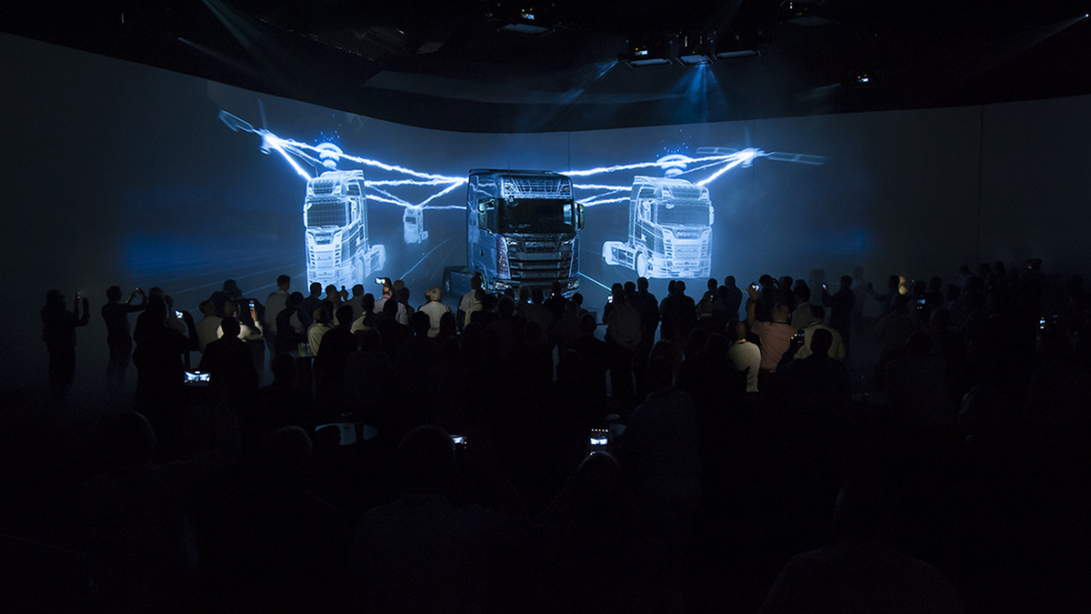 Crowd watching the Scania Next Generation launch event.