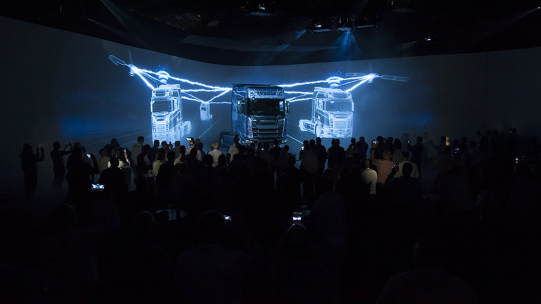 Crowd watching the Scania Next Generation launch event.