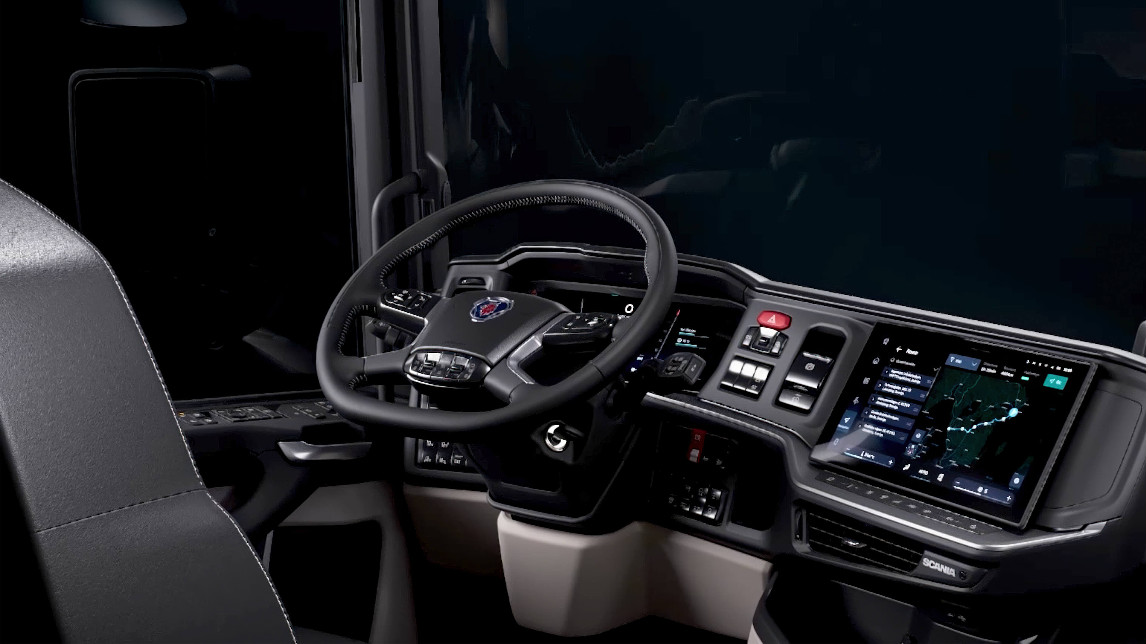 Interior view of a Scania truck showing the Smart Dash.