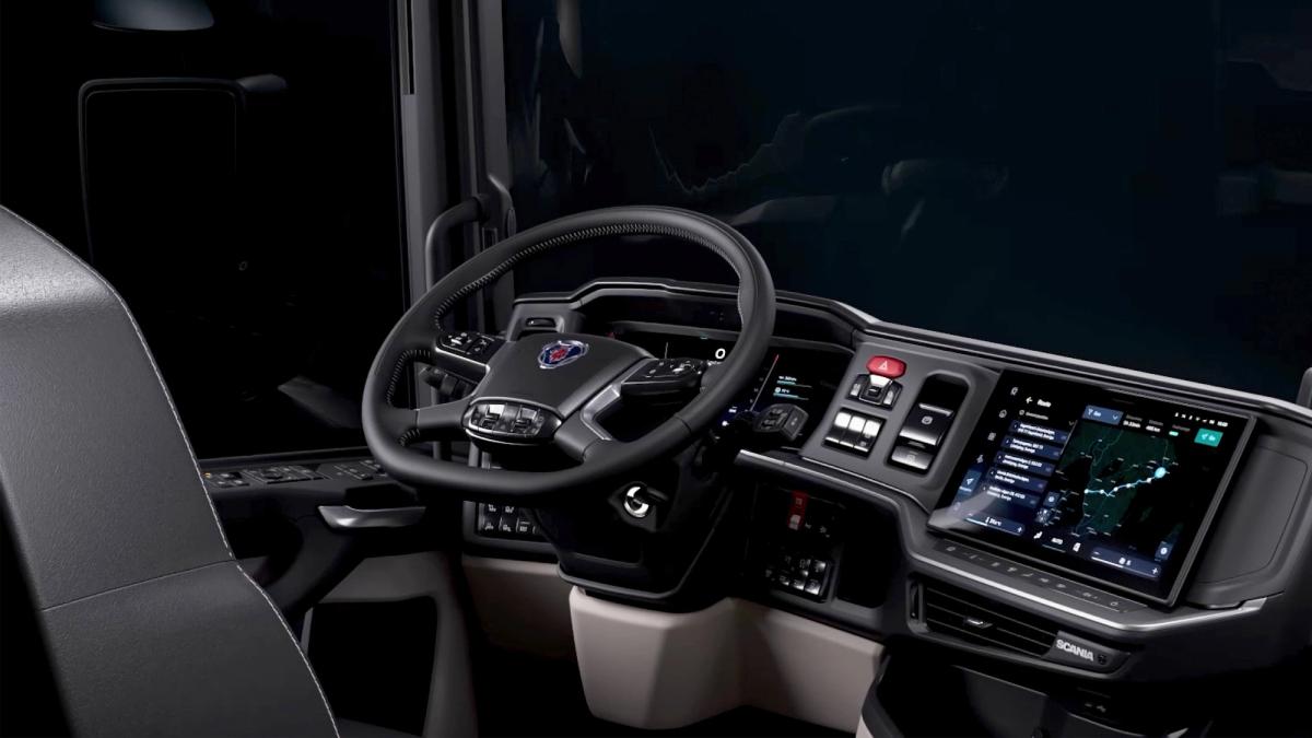 Interior view of a Scania truck showing the Smart Dash.
