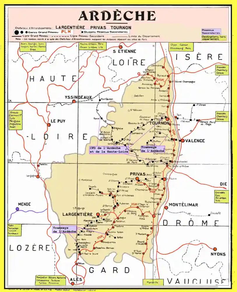 Carte du réseau ferroviaire d'Ardèche en 1933