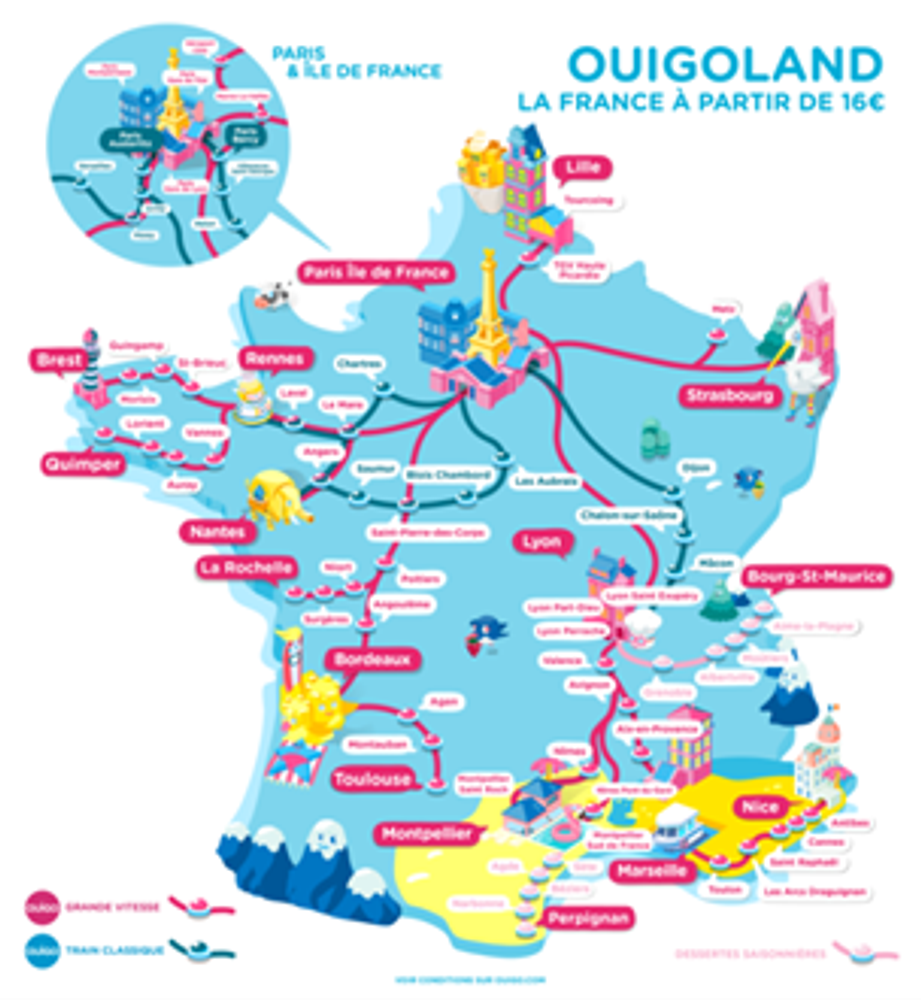 Carte des destinations desservies par OUIGO en France