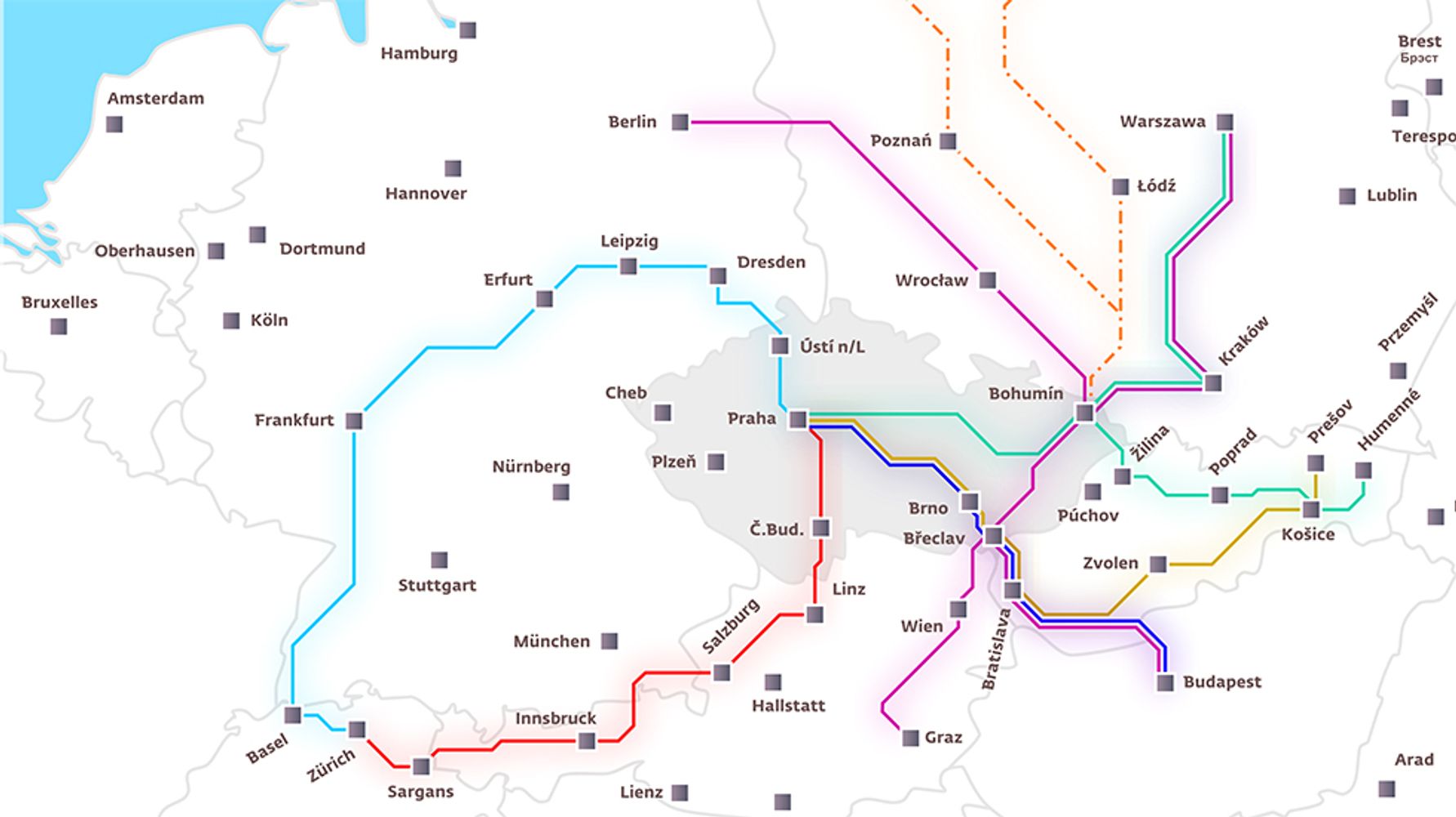 Carte des trains de nuit ČD