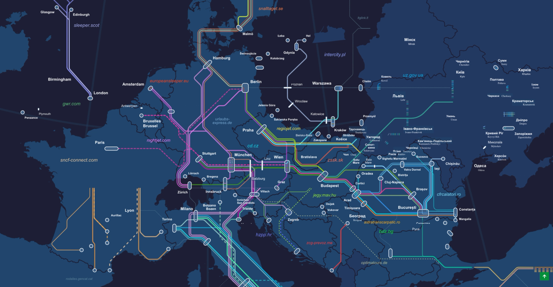 Un échantillon de la géniale carte des trains de nuit en Europe de ©Back on Track.