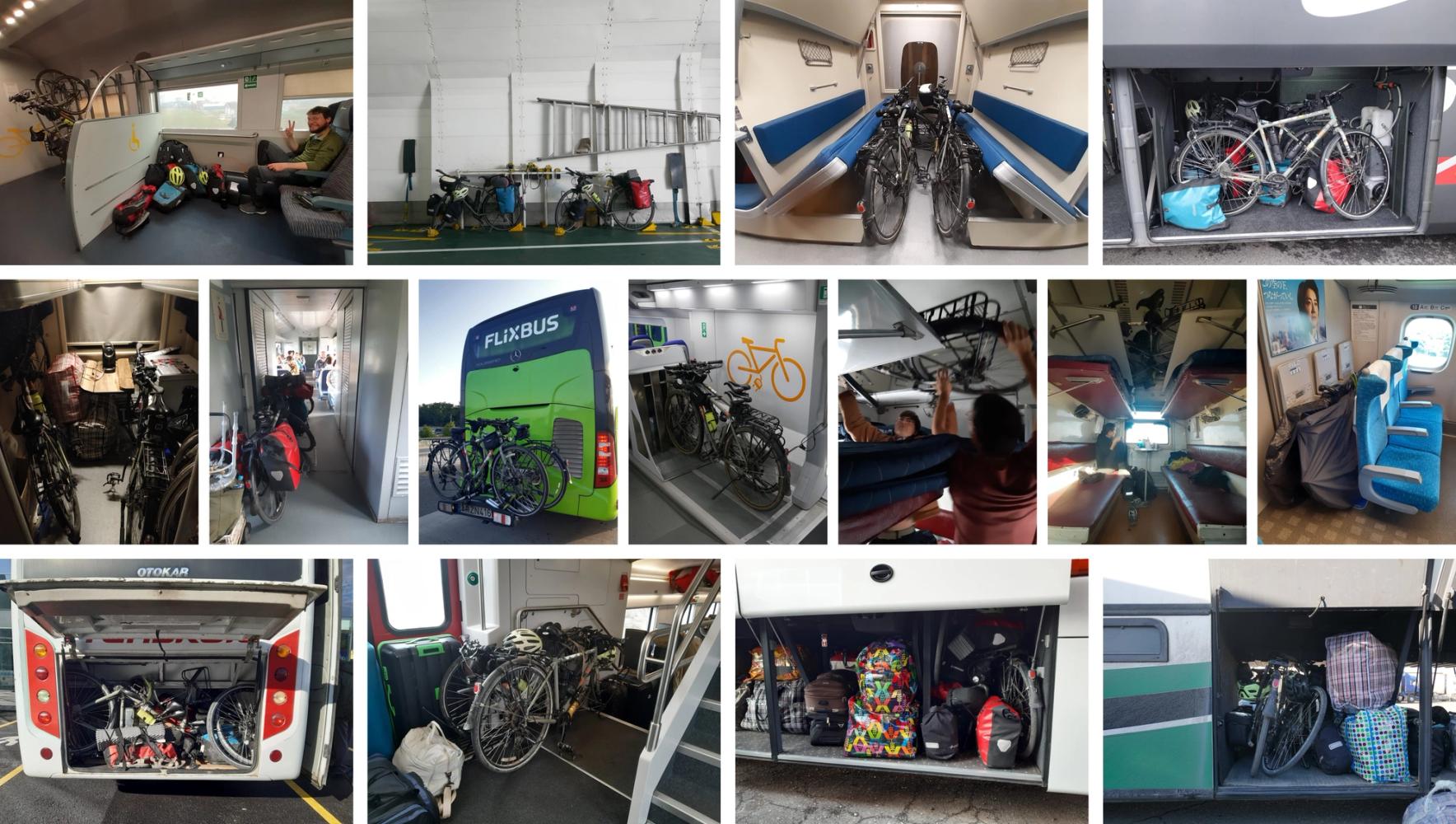 Patchwork de photos montrant les vélos du couple dans les transports en commun