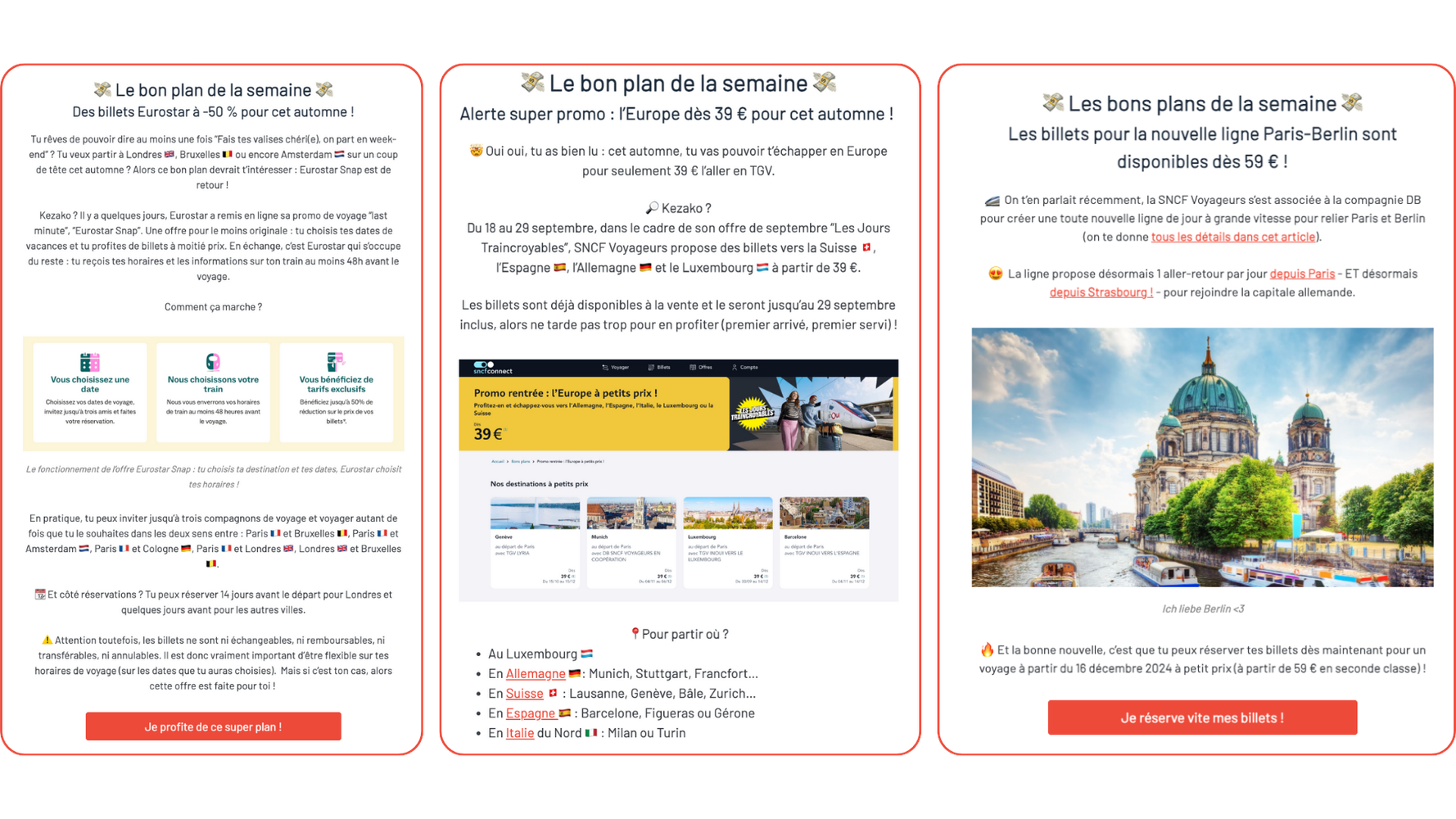 Exemples de bons plans partagés dans la newsletter