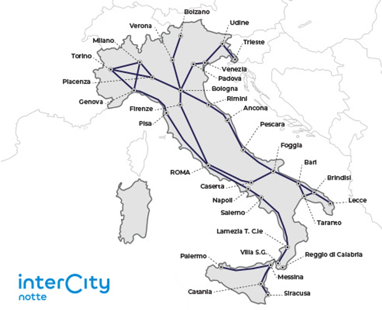 Carte des trains de nuit en italie