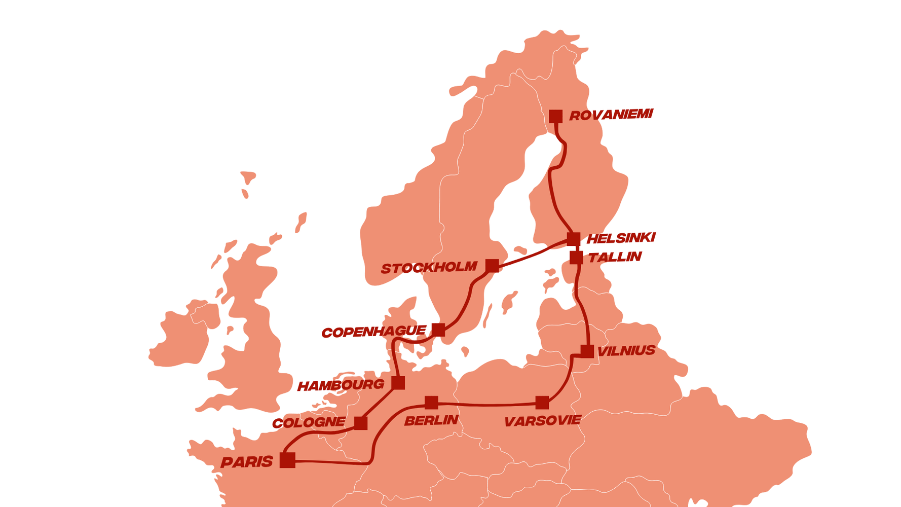 Carte de la boucle Paris-Rovaniemi en train