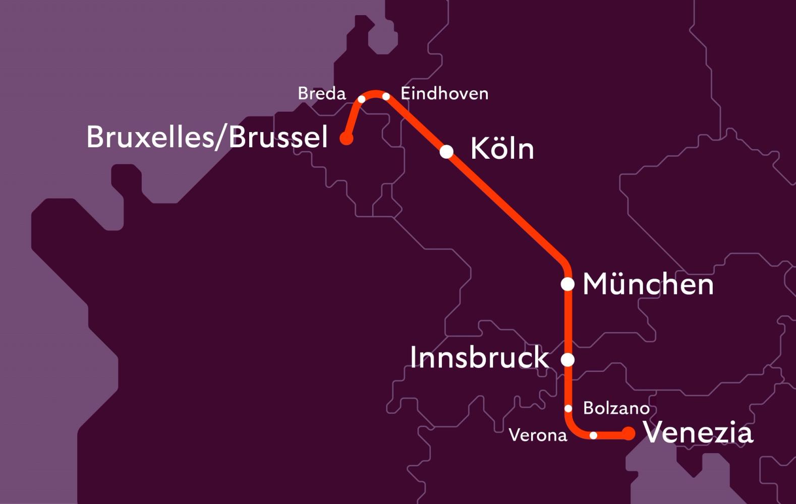 Carte de la ligne de train de nuit European Sleeper entre Bruxelles et Venise