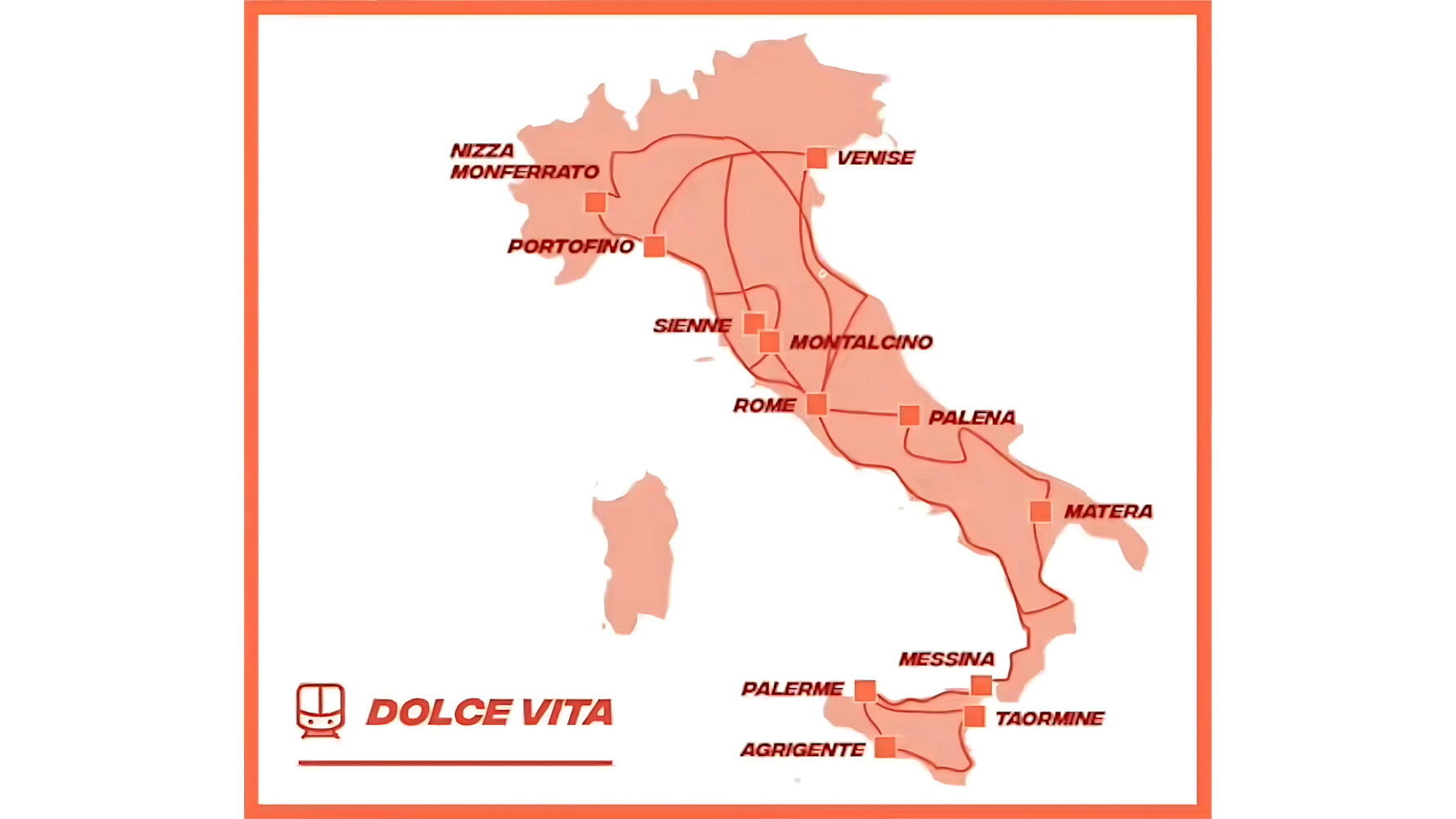 Carte des villes desservies par la Dolce Vita Orient Express en Italie