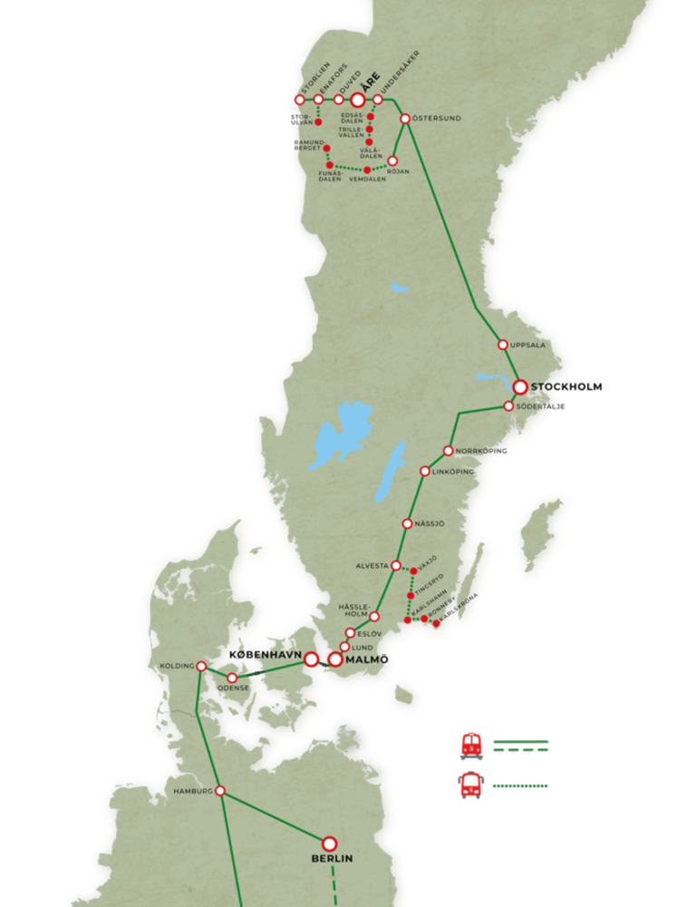 Map of cities served by night train Snalltaget