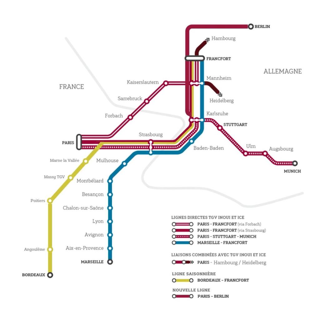 Carte des différentes liaisons ferroviaires à grande vitesse entre la France et l'Allemagne