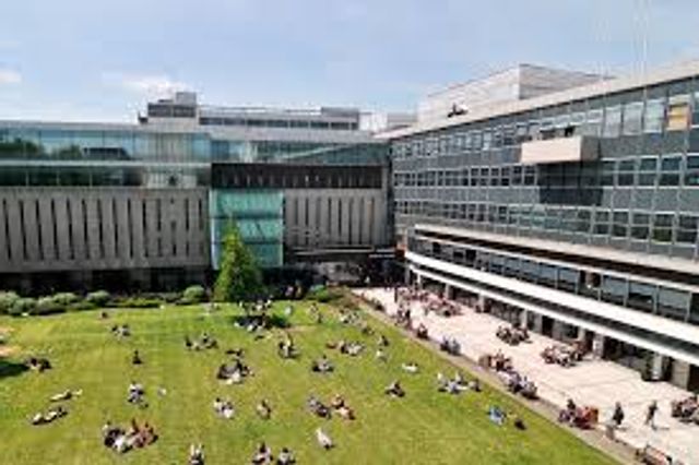 Students sitting on the grass at Imperial College London during IMC campus visit 2025